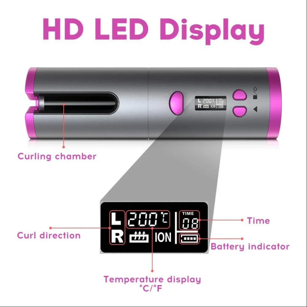 Hair Curler - Cordless Automatic Hair Curler Portable Curling Iron With LCD Temperature Display Fast Heating Auto Rotating Hair Curler USB Rechargeable For Travel Home, Grey and Pink